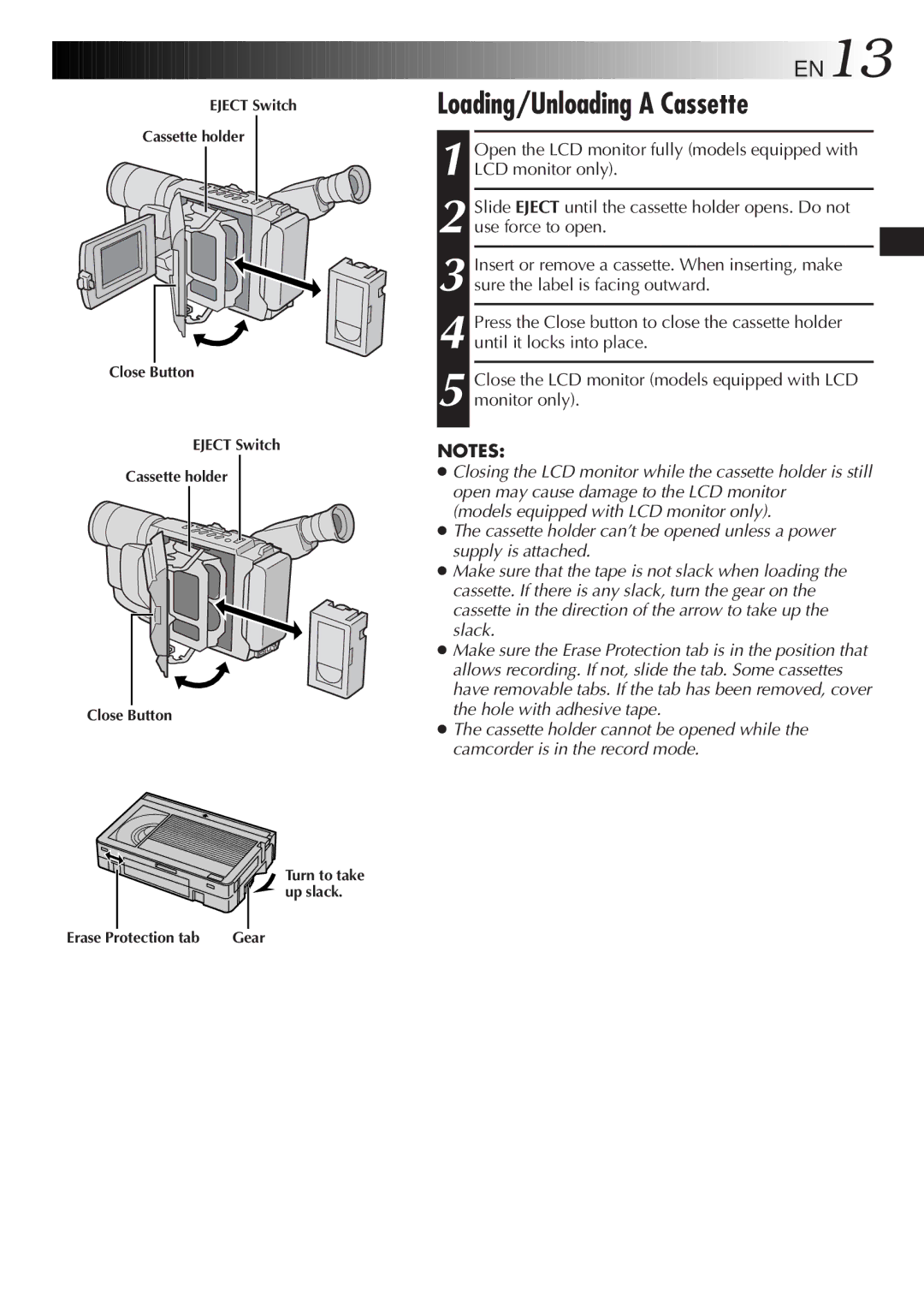 JVC GR-SX22, GR-FX12, GR-SX202, GR-SXM607, GR-SXM57, GR-FXM37 specifications Loading/Unloading a Cassette 