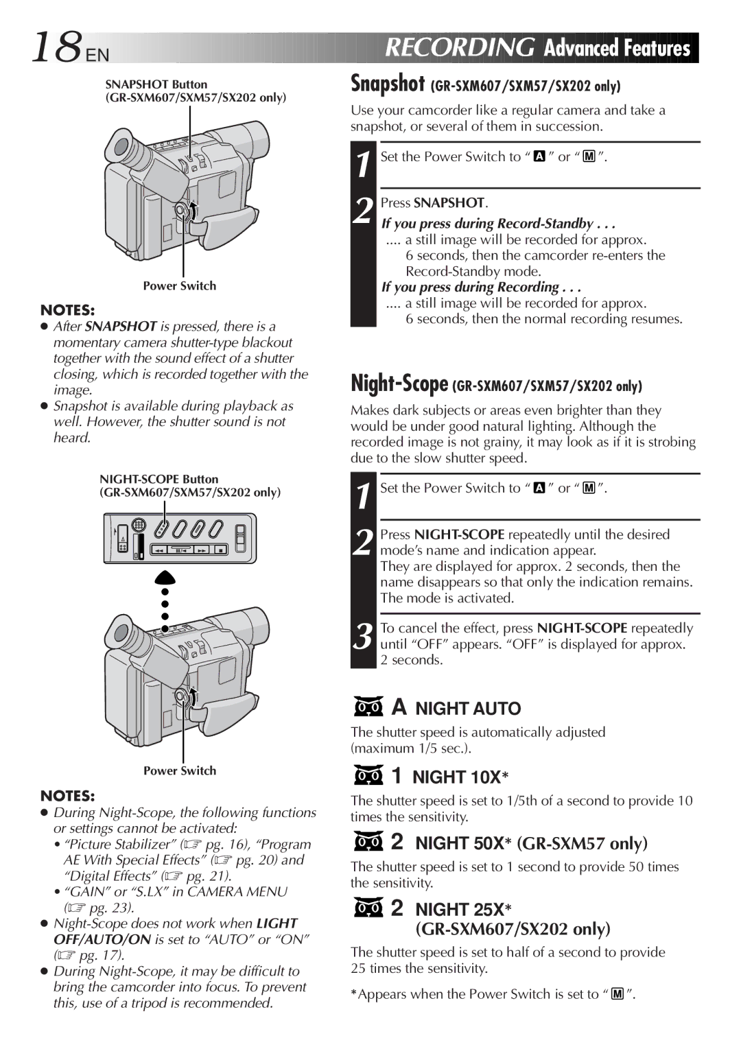 JVC GR-FX12, GR-SX22 18 EN, Night 50X* GR-SXM57 only, If you press during Record-Standby, If you press during Recording 