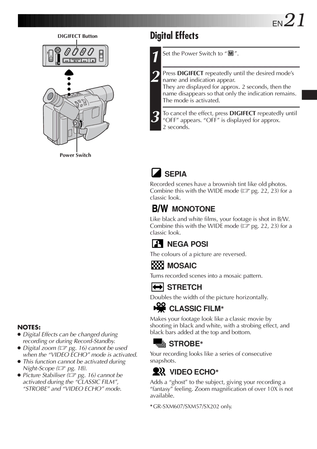 JVC GR-SXM607, GR-FX12, GR-SX22, GR-SX202, GR-SXM57, GR-FXM37 specifications Digital Effects 