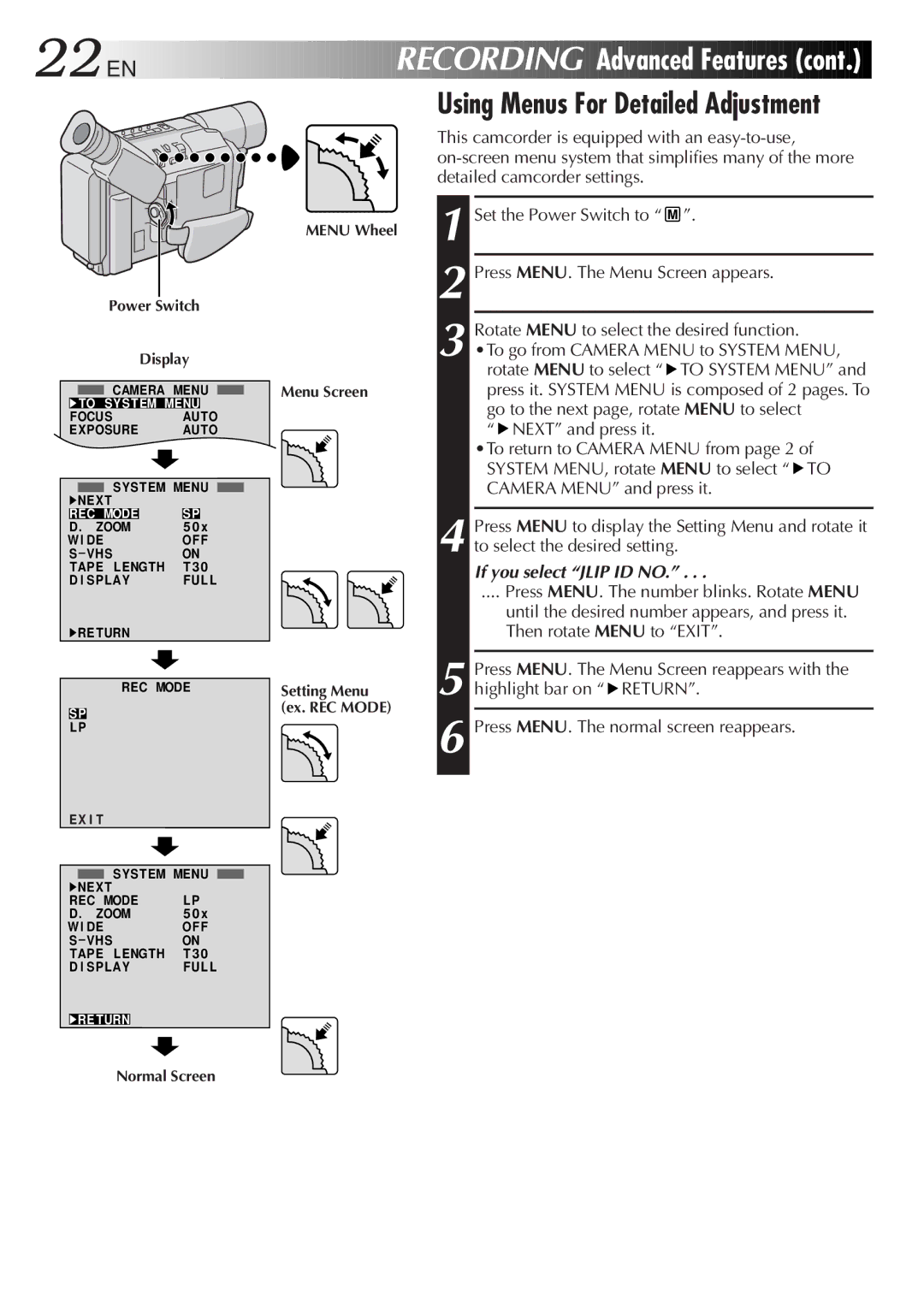 JVC GR-SXM57, GR-FX12, GR-SX22, GR-SX202, GR-SXM607, GR-FXM37 Using Menus For Detailed Adjustment, If you select Jlip ID no 