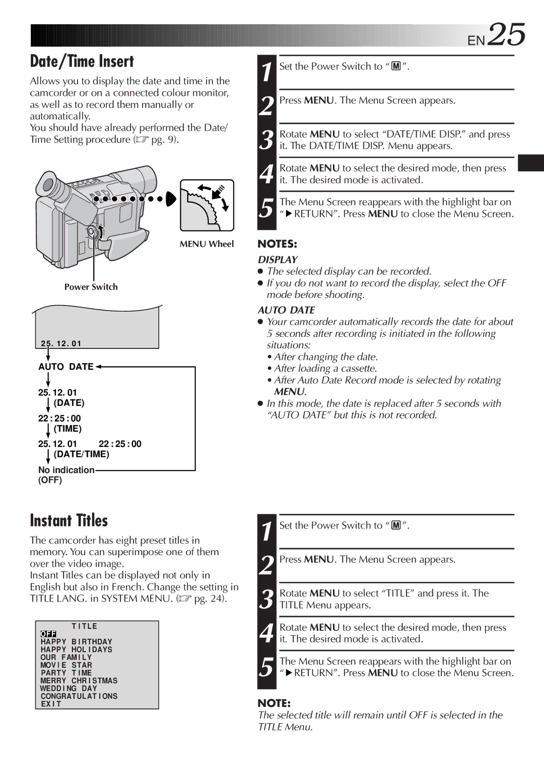 JVC GR-SX22, GR-FX12, GR-SX202, GR-SXM607, GR-SXM57, GR-FXM37 specifications Date/Time Insert, Instant Titles 