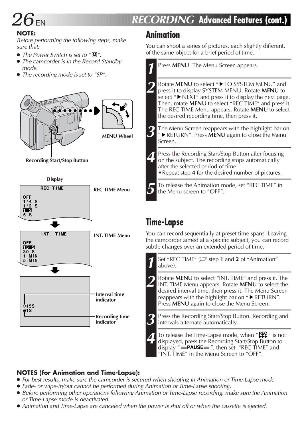 JVC GR-SX202, GR-FX12, GR-SX22, GR-SXM607, GR-SXM57, GR-FXM37 specifications Time-Lapse, Set REC Time and 2 of Animation above 