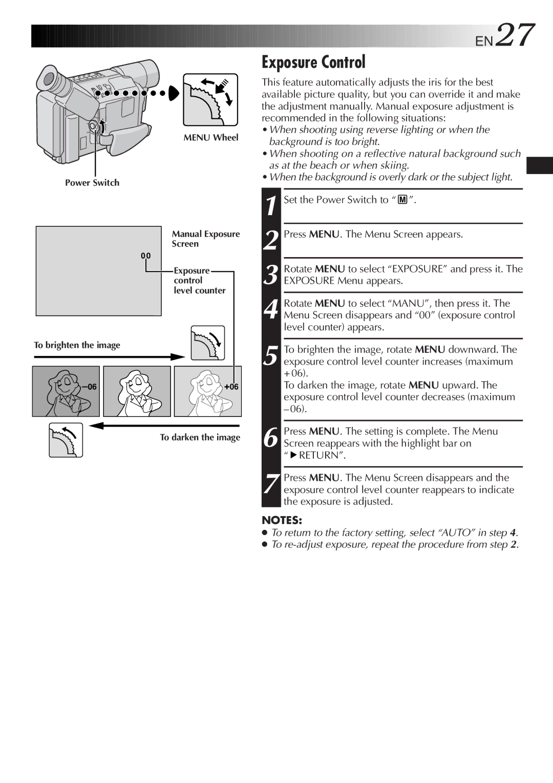 JVC GR-SXM607, GR-FX12, GR-SX22, GR-SX202 Exposure Control, Set the Power Switch to Press MENU. The Menu Screen appears 