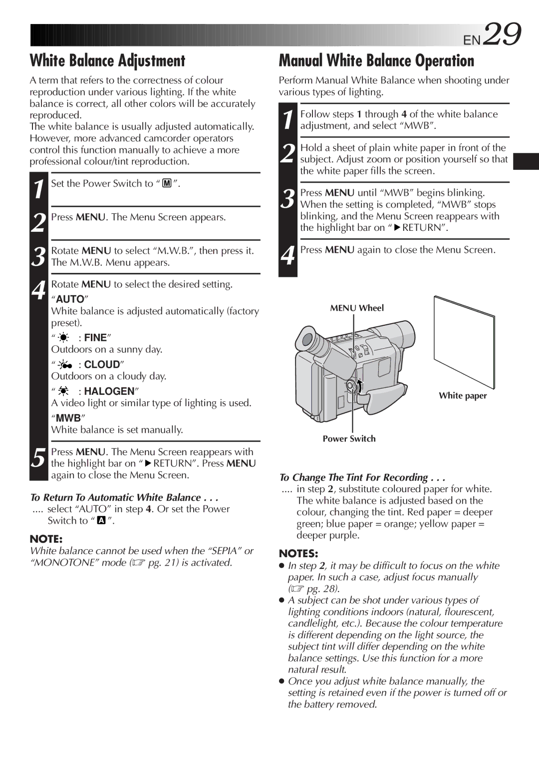 JVC GR-FXM37, GR-FX12 White Balance Adjustment, Manual White Balance Operation, Press Menu again to close the Menu Screen 