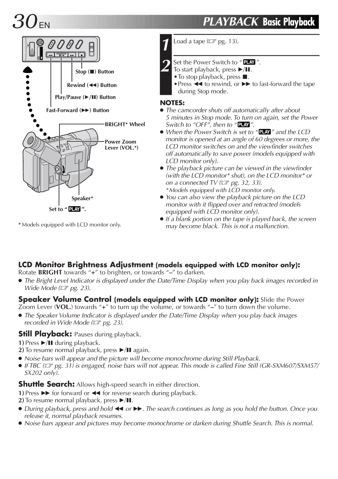 JVC GR-FX12, GR-SX22, GR-SX202, GR-SXM607, GR-SXM57, GR-FXM37 specifications 30 EN, Load a tape pg Set the Power Switch to 
