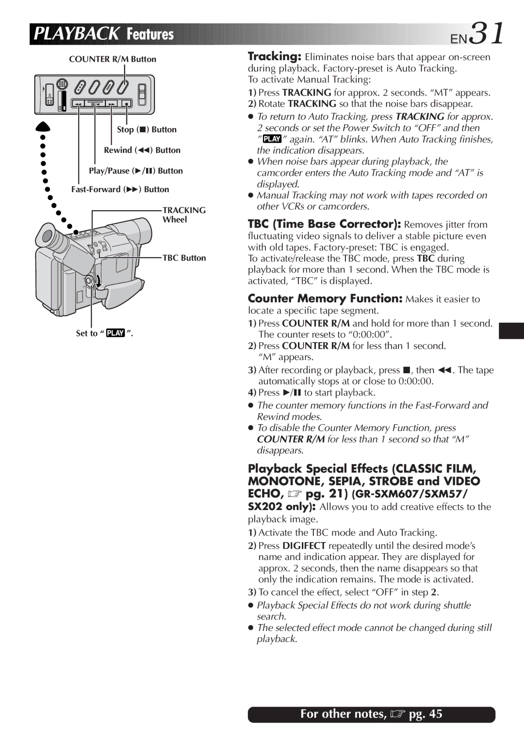 JVC GR-SX22, GR-FX12 Playback image Activate the TBC mode and Auto Tracking, To cancel the effect, select OFF in step 