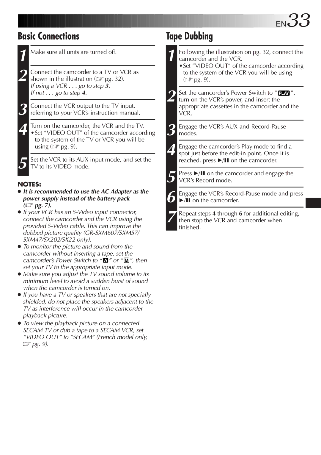 JVC GR-SXM607, GR-FX12, GR-SX22, GR-SX202 Basic Connections, Tape Dubbing, Power supply instead of the battery pack pg 