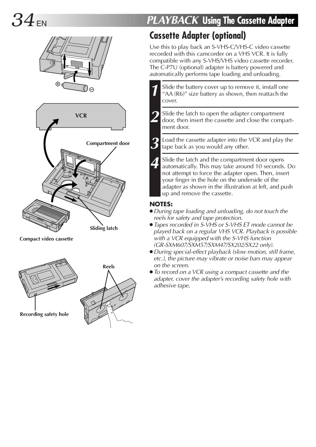 JVC GR-SXM57, GR-FX12 34 EN, Cassette Adapter optional, Cover, Slide the latch to open the adapter compartment, Ment door 