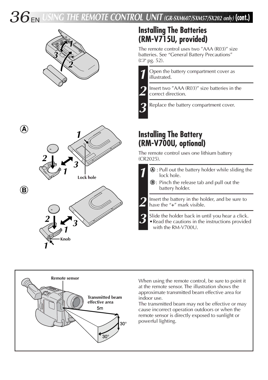 JVC GR-FX12 Installing The Batteries RM-V715U, provided, Installing The Battery RM-V700U, optional, With the RM-V700U 