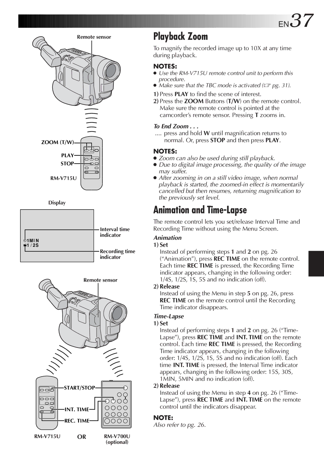 JVC GR-SX22, GR-FX12, GR-SX202, GR-SXM607, GR-SXM57, GR-FXM37 Playback Zoom, Animation and Time-Lapse, To End Zoom 