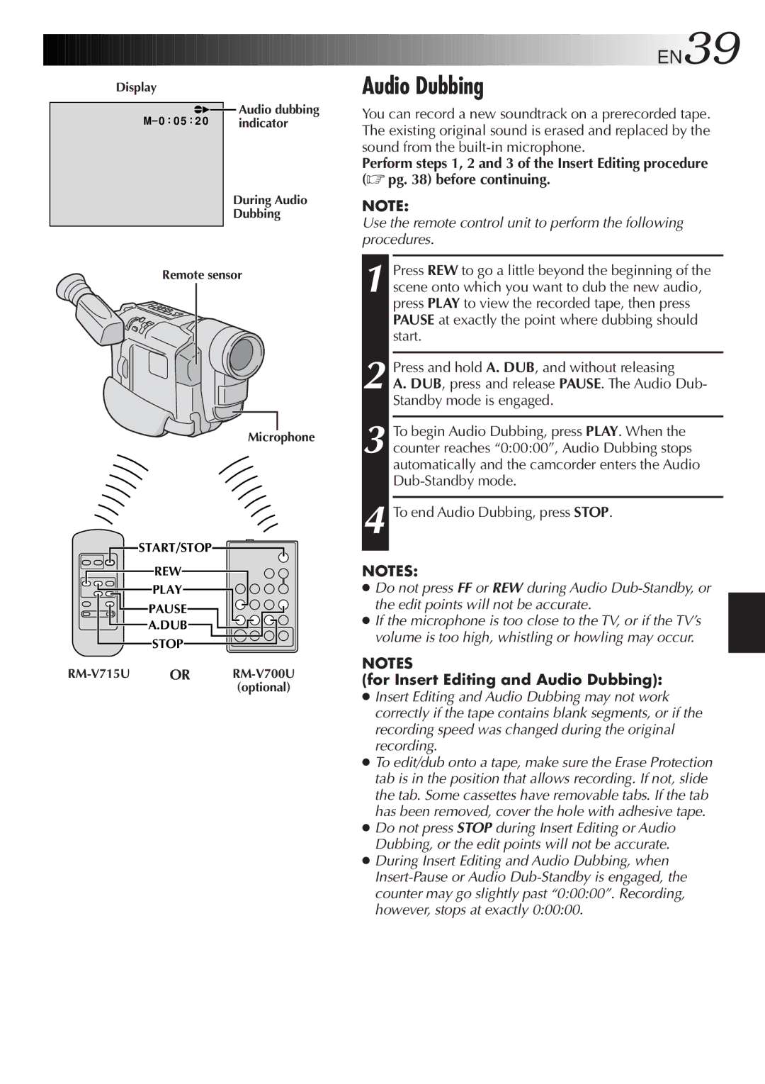 JVC GR-SXM607, GR-FX12, GR-SX22, GR-SX202, GR-SXM57, GR-FXM37 specifications For Insert Editing and Audio Dubbing 