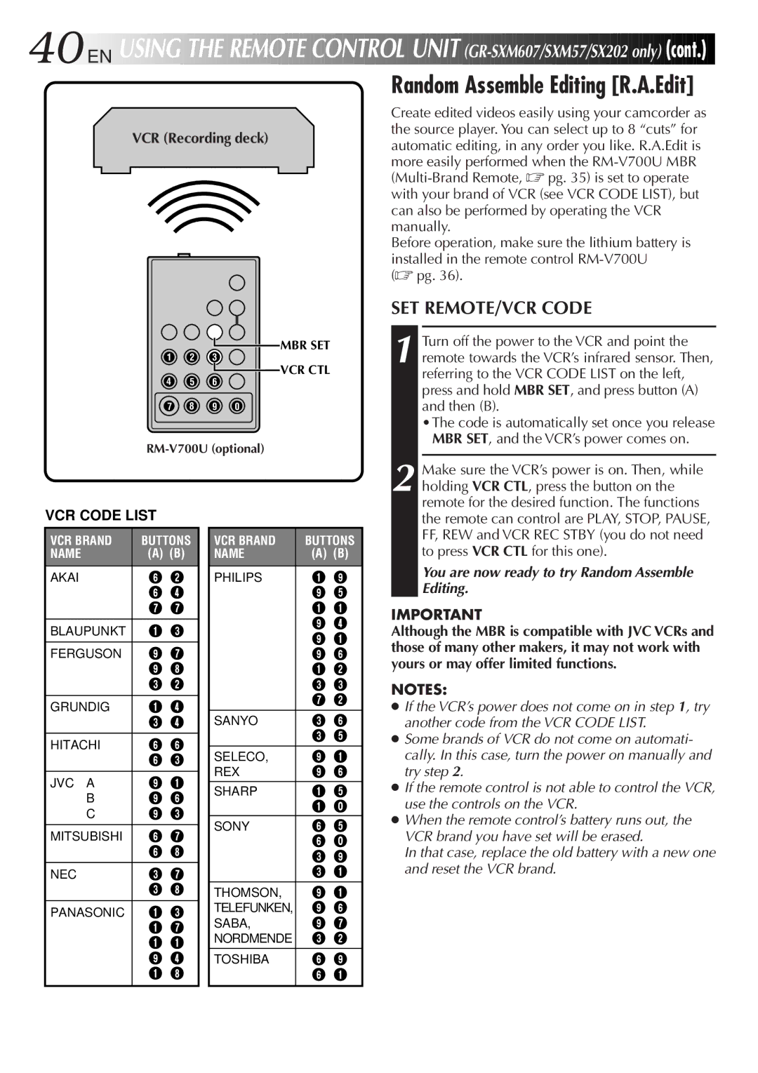 JVC GR-SXM57, GR-FX12, GR-SX22 SET REMOTE/VCR Code, VCR Recording deck, You are now ready to try Random Assemble Editing 