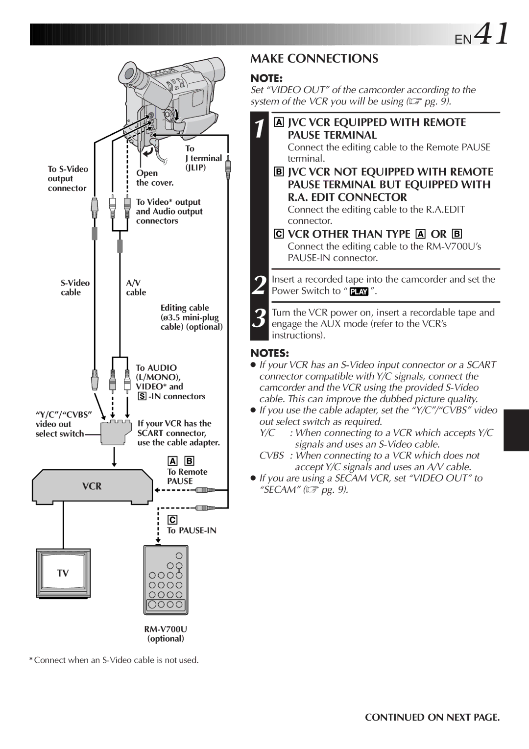 JVC GR-FXM37, GR-FX12, GR-SX22, GR-SX202, GR-SXM607 Make Connections, Connect the editing cable to the Remote Pause terminal 