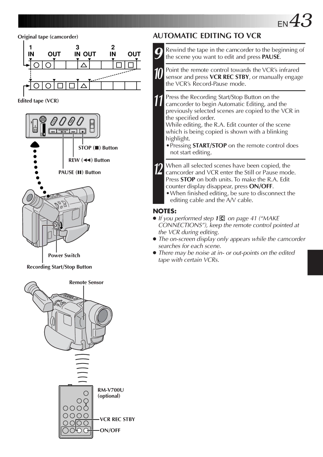 JVC GR-SX22, GR-FX12, GR-SX202, GR-SXM607, GR-SXM57, GR-FXM37 Automatic Editing to VCR, Editing cable and the A/V cable 