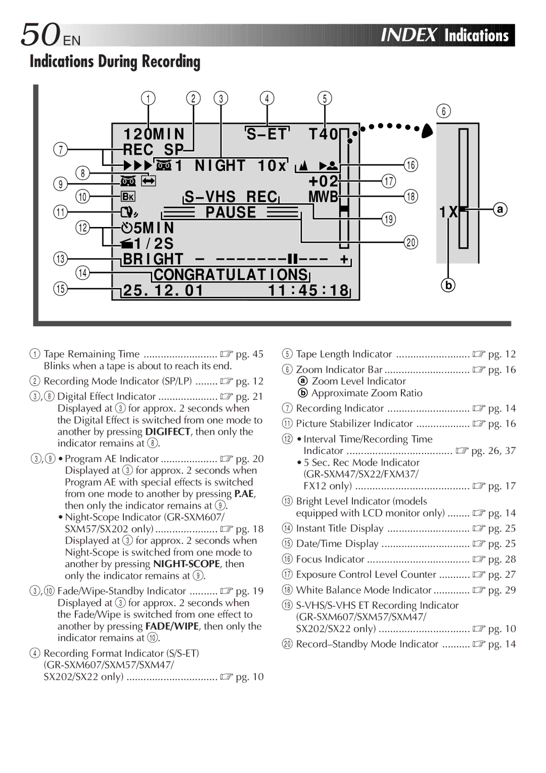 JVC GR-SX202, GR-FX12, GR-SX22, GR-SXM607, GR-SXM57, GR-FXM37 specifications 50 EN, Indications During Recording 