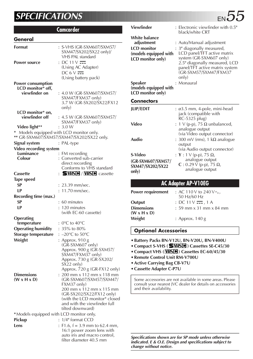 JVC GR-SX22, GR-FX12, GR-SX202, GR-SXM607, GR-SXM57, GR-FXM37 specifications General, Connectors, Only, Optional Accessories 