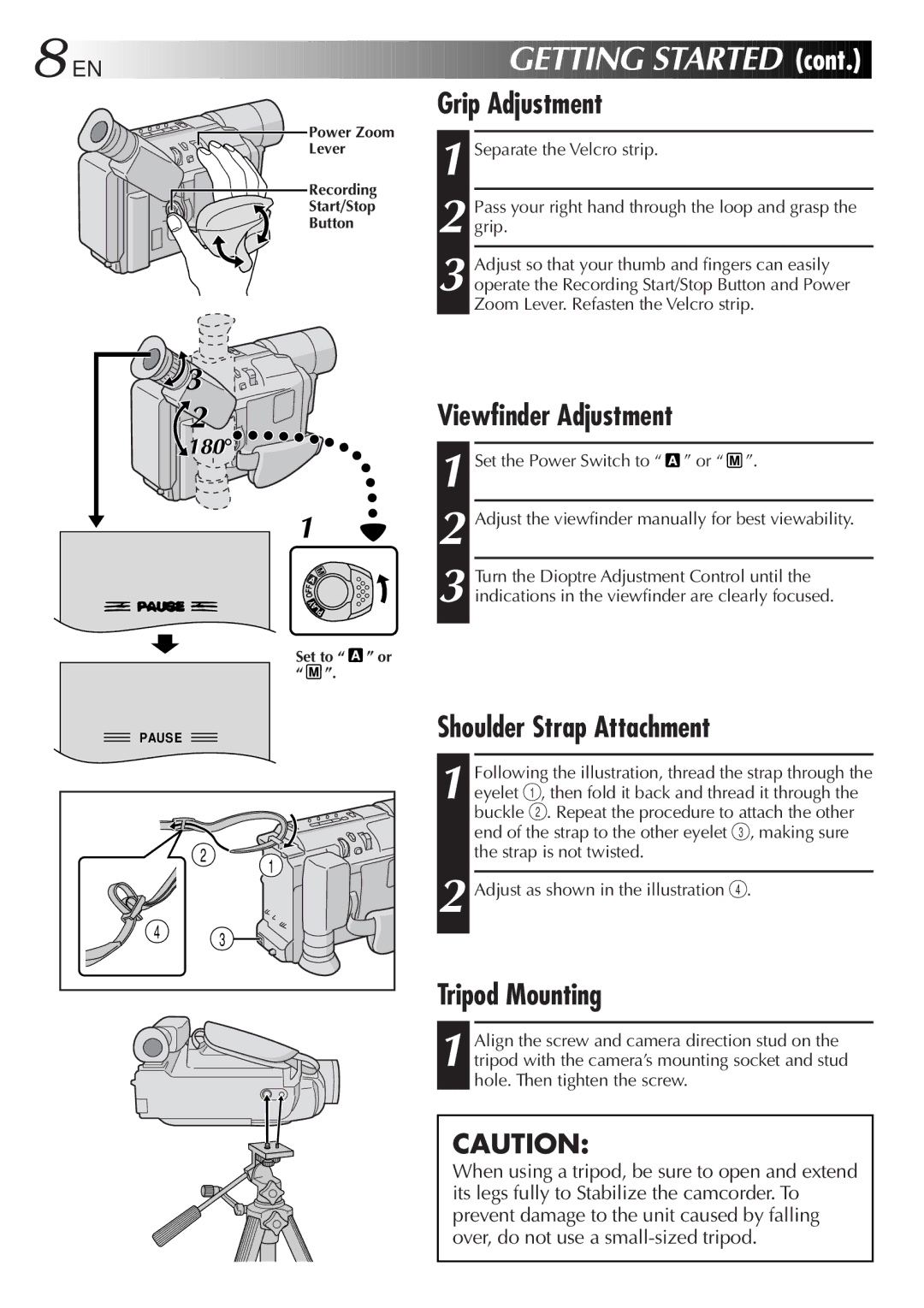 JVC GR-SX202, GR-FX12, GR-SX22, GR-SXM607 Grip Adjustment, Tripod Mounting, Viewfinder Adjustment, Shoulder Strap Attachment 