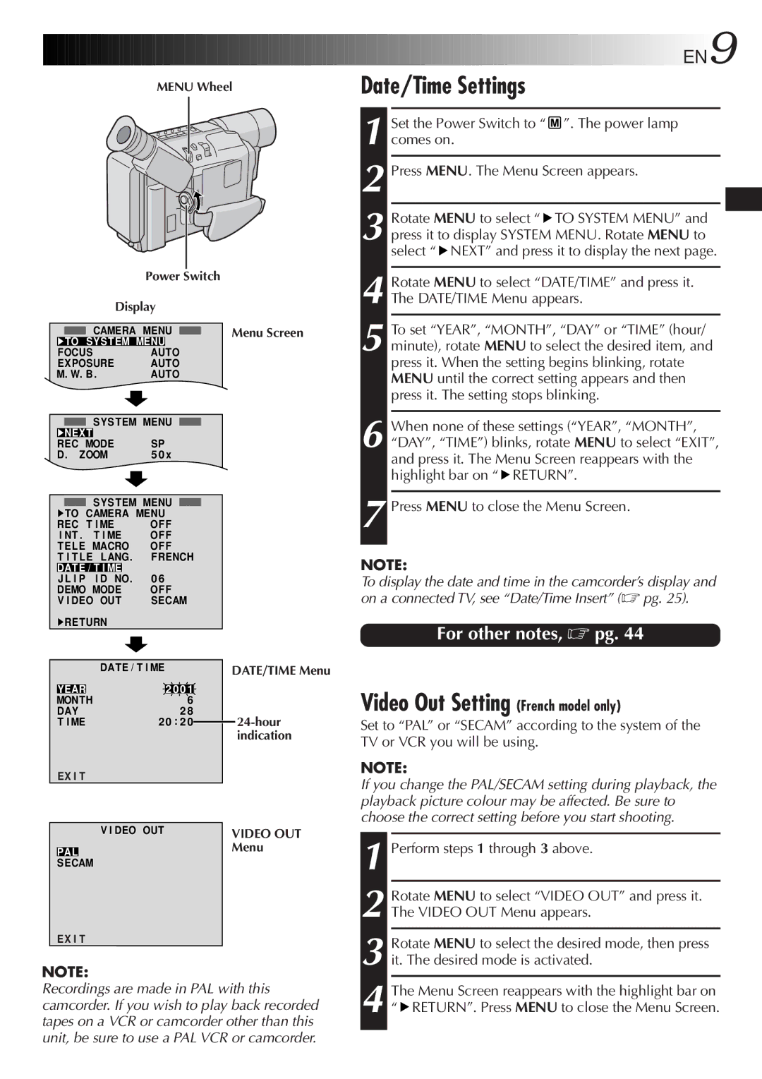 JVC GR-SXM607 Date/Time Settings, Power lamp, Comes on, Rotate Menu to select, Video Out Setting French model only 