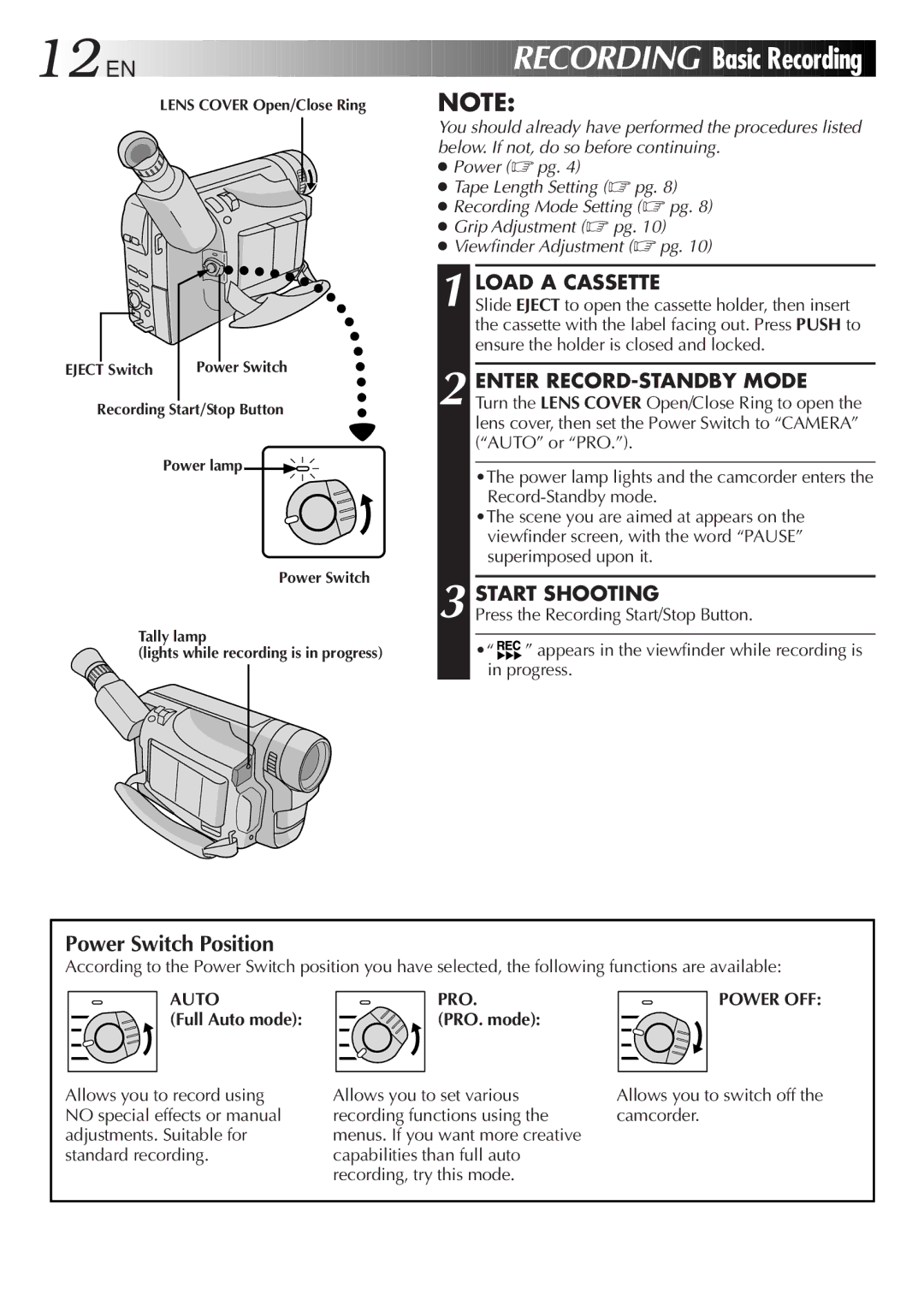 JVC GR-FX50 manual Basic Recording, Power Switch Position, Load a Cassette, Start Shooting 