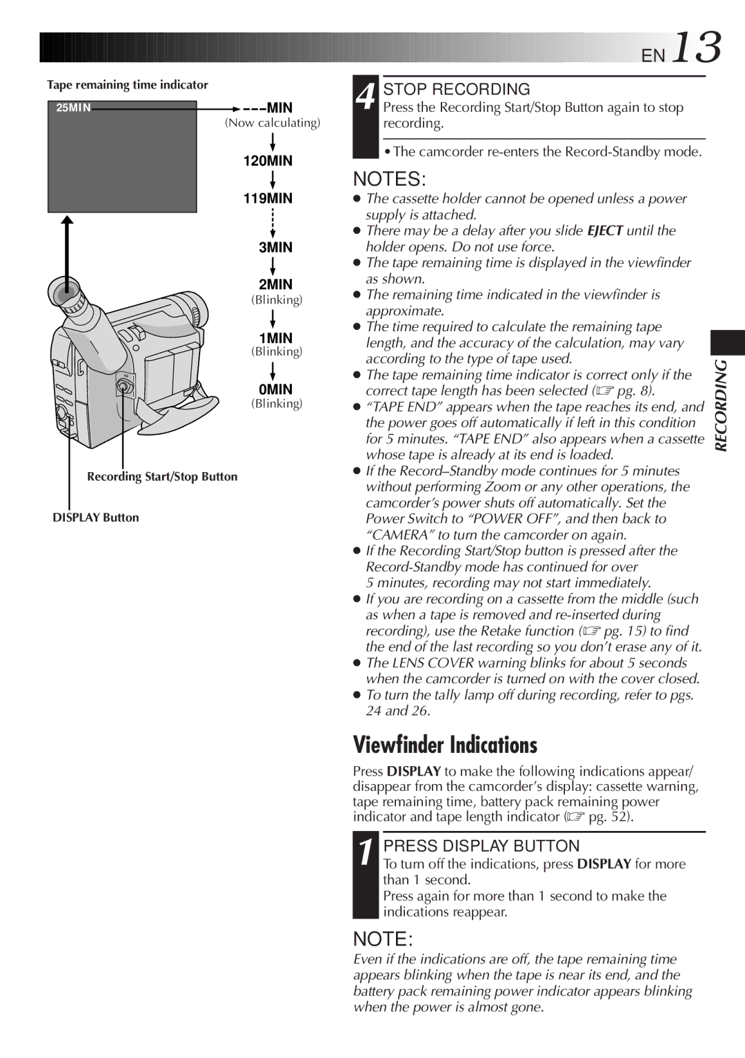 JVC GR-FX50 manual Viewfinder Indications, Stop Recording, Press Display Button 