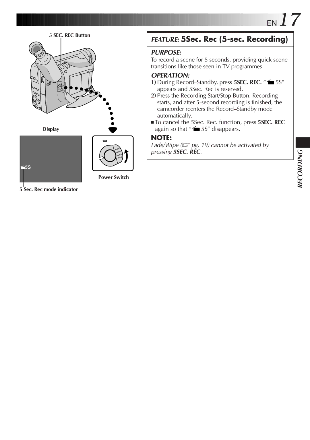 JVC GR-FX50 manual Feature 5Sec. Rec 5-sec. Recording 