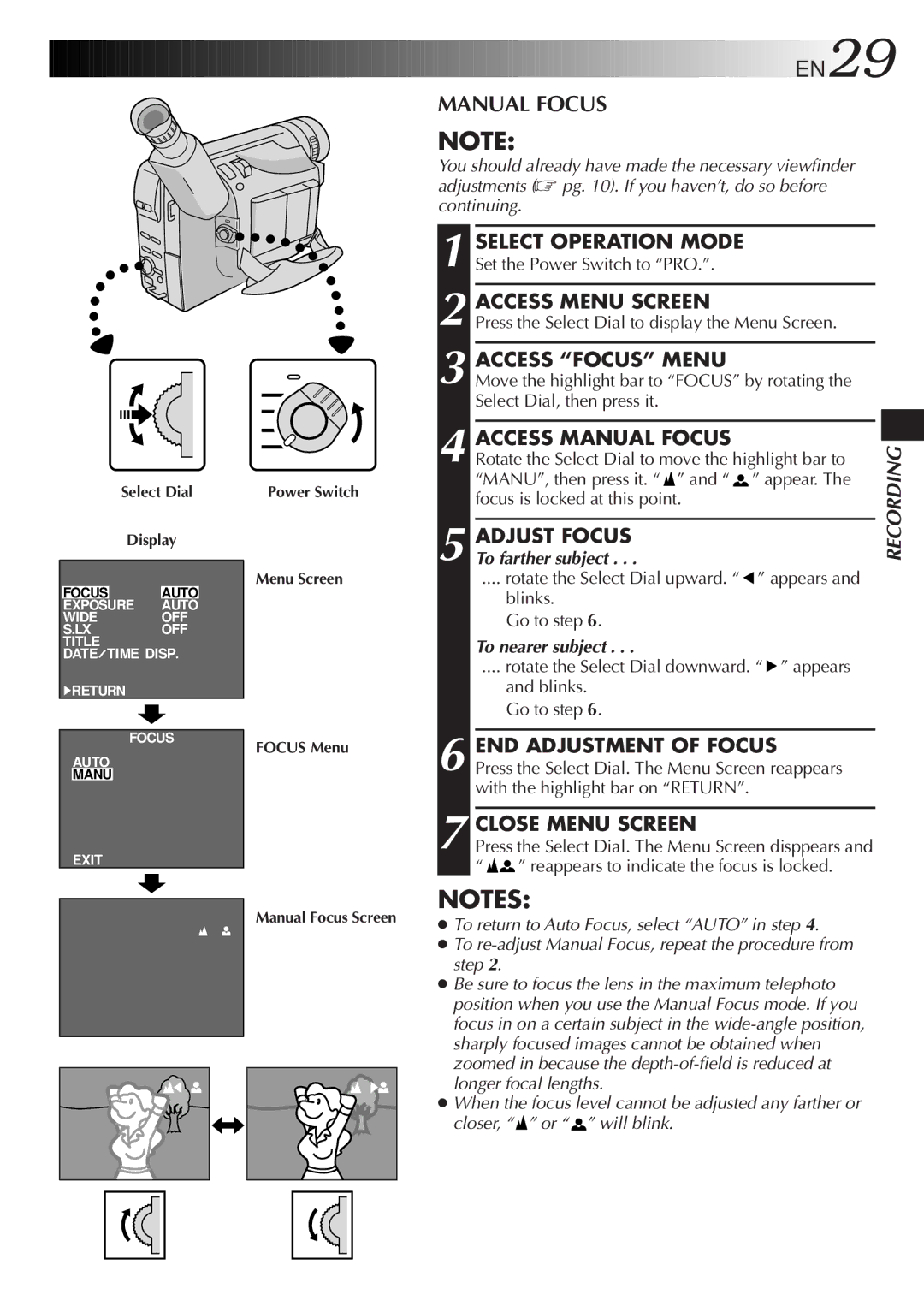 JVC GR-FX50 manual Access Focus Menu, Access Manual Focus, Adjust Focus, END Adjustment of Focus 