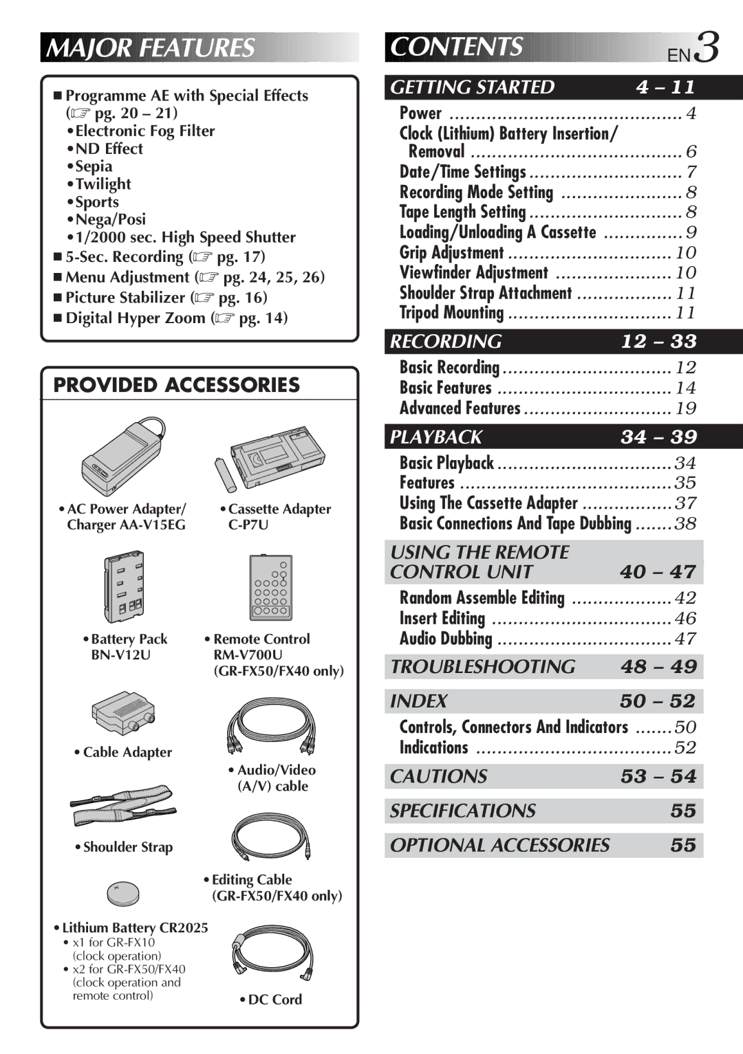 JVC GR-FX50 manual Major Features Contents EN3 