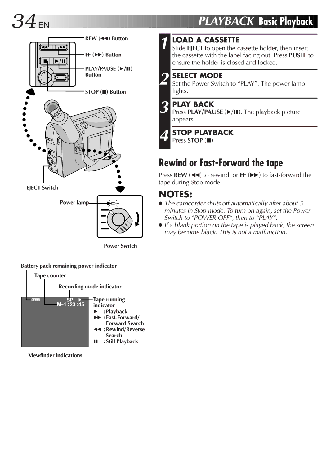 JVC GR-FX50 manual Playback Basic Playback, Rewind or Fast-Forward the tape, Play Back, Stop Playback 