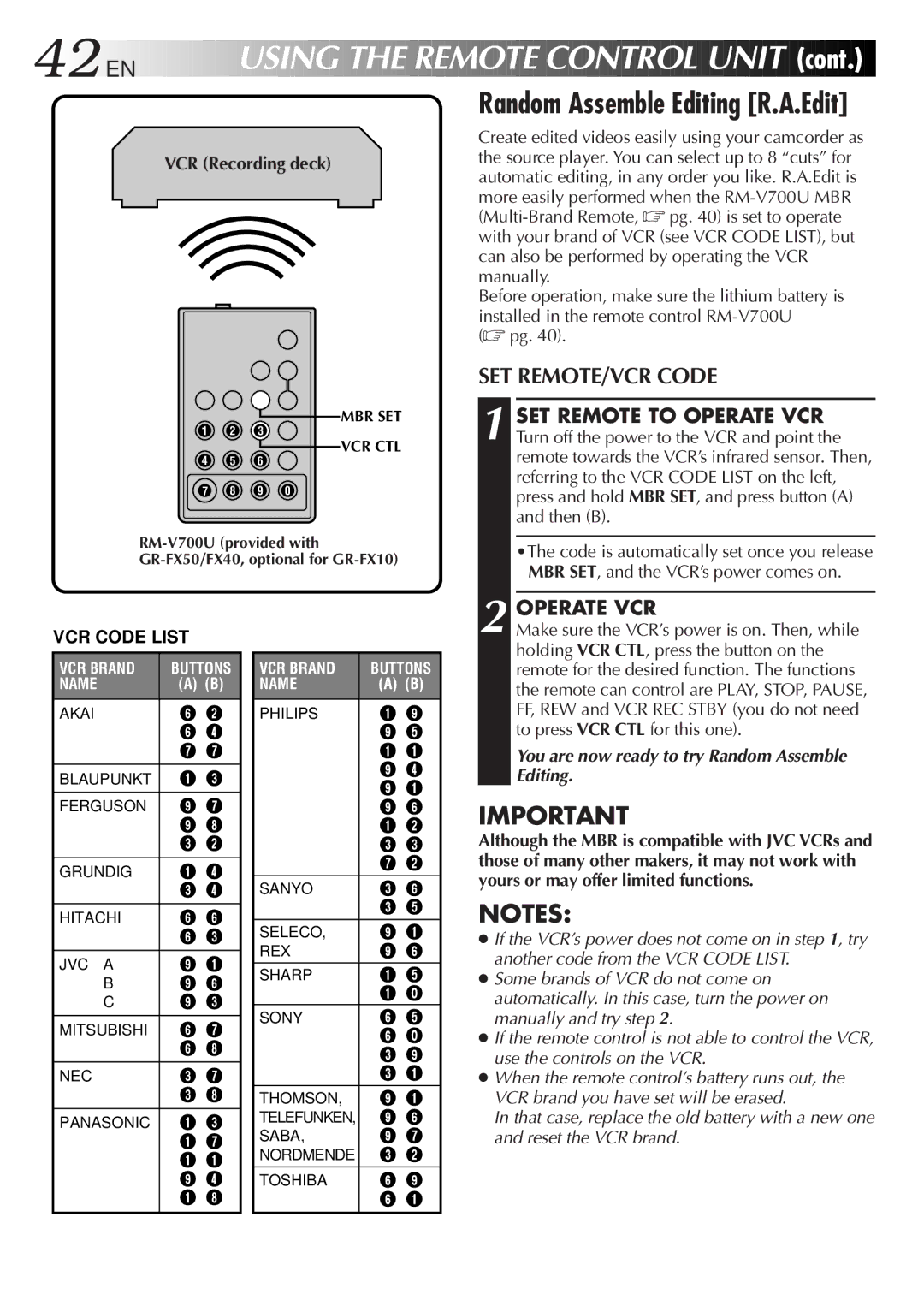 JVC GR-FX50 manual SET REMOTE/VCR Code, Operate VCR, Create edited videos easily using your camcorder as 