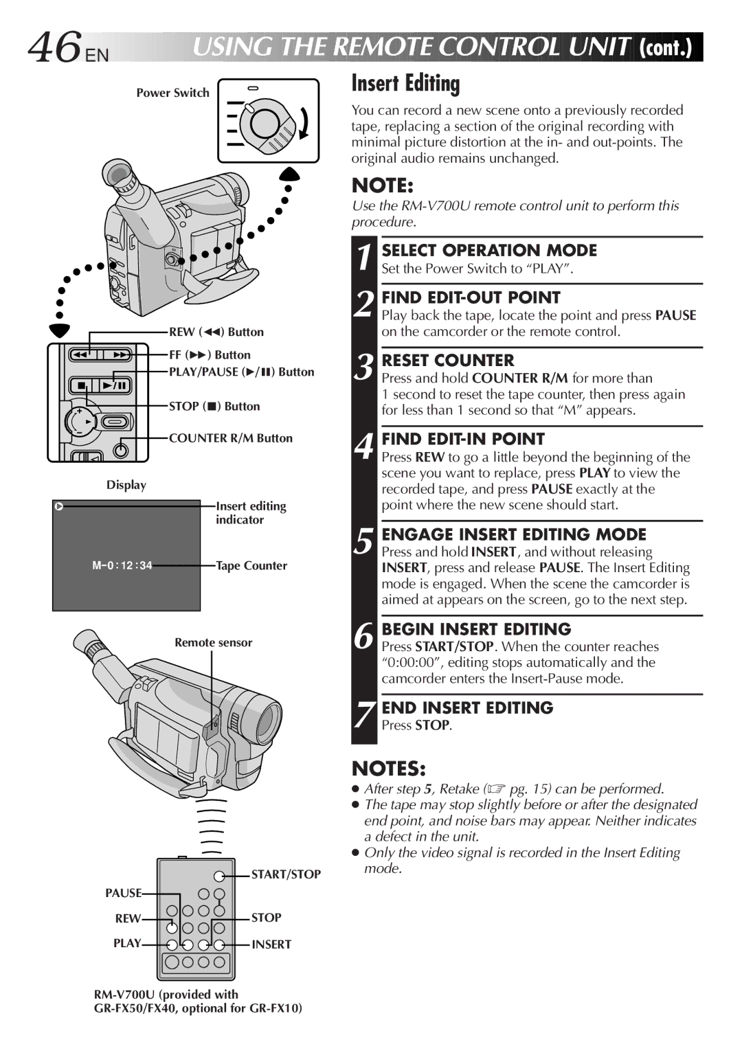 JVC GR-FX50 manual Find EDIT-OUT Point, Reset Counter, Begin Insert Editing, END Insert Editing 