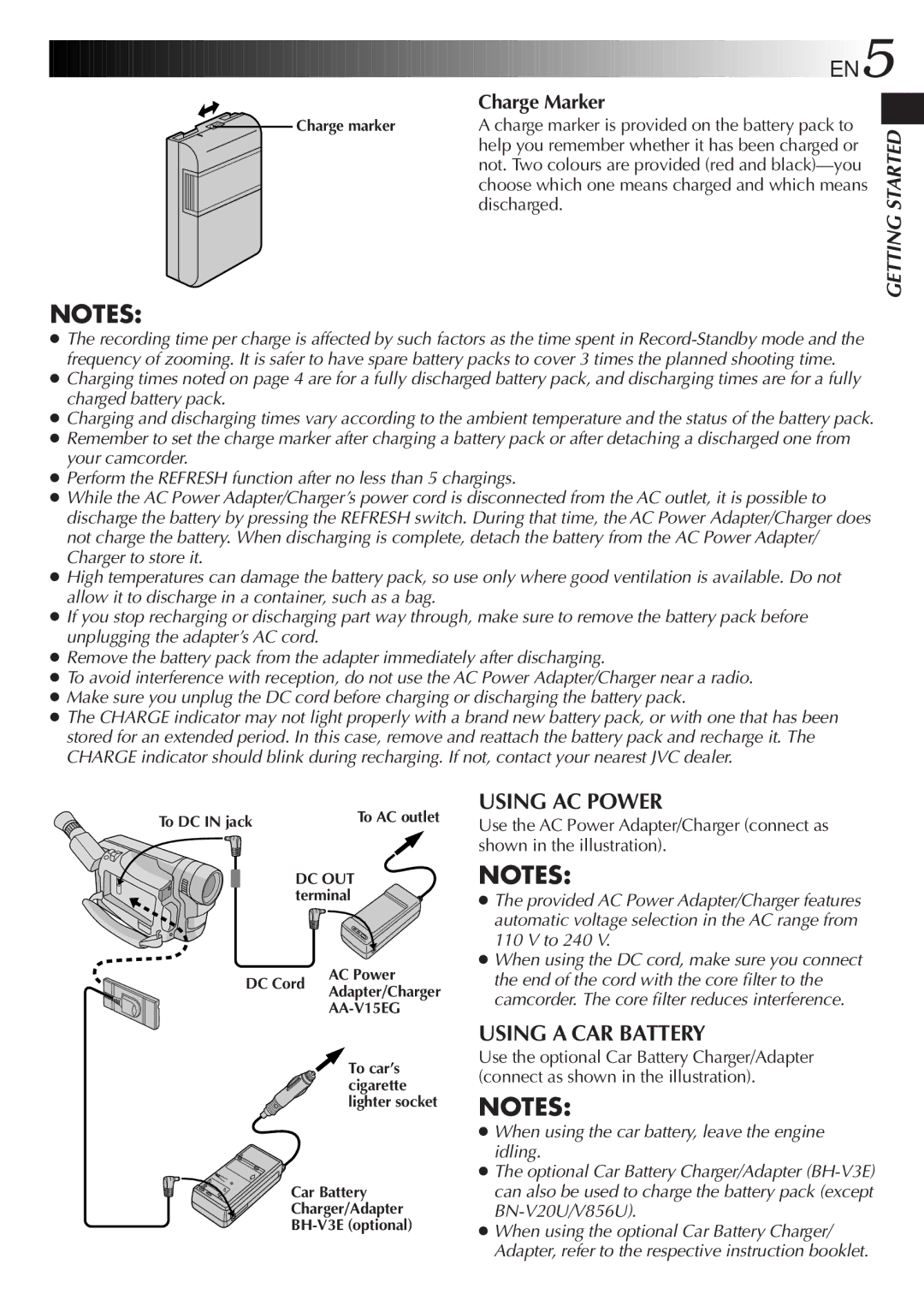 JVC GR-FX50 manual Using AC Power, Using a CAR Battery, Discharged 