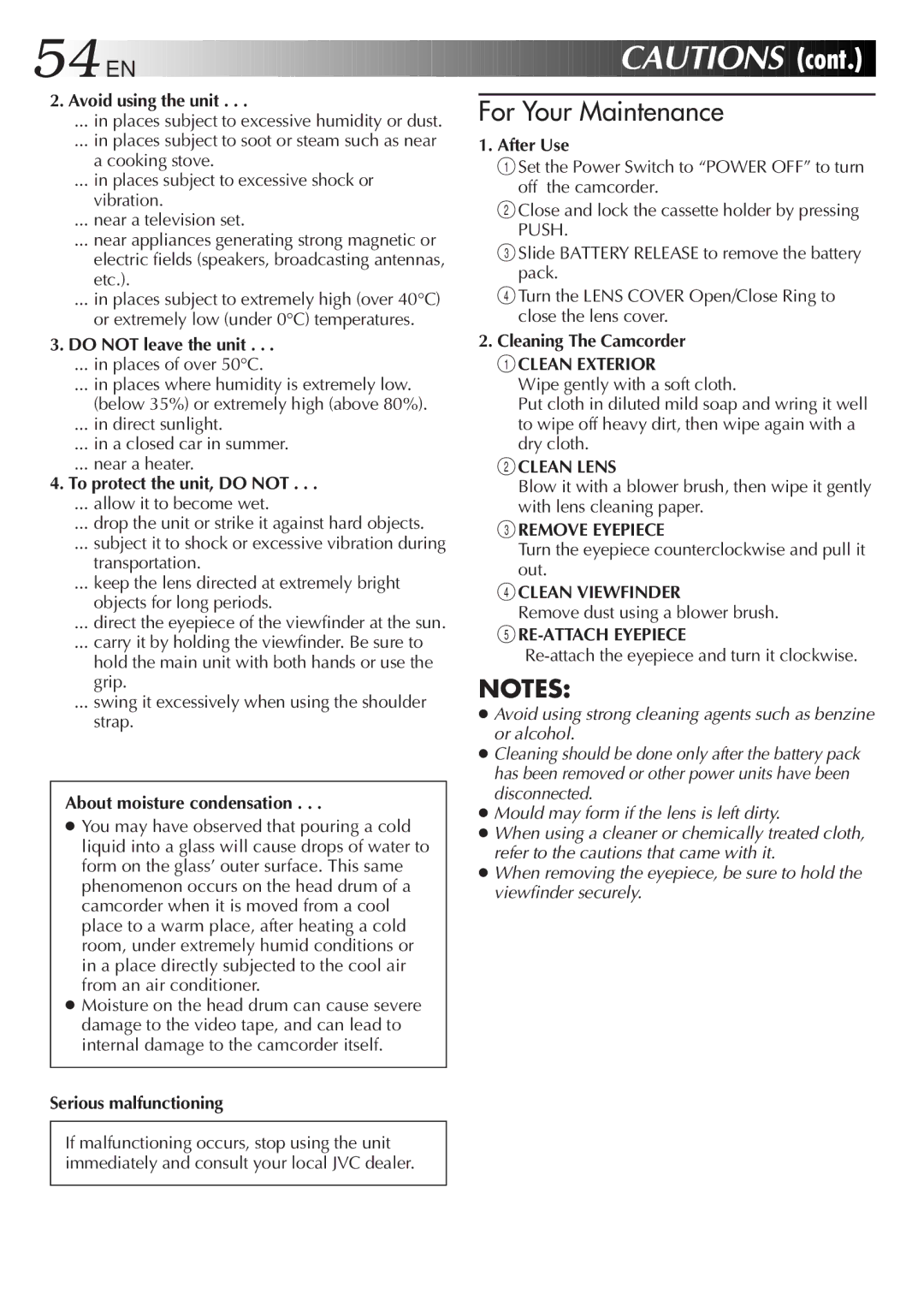 JVC GR-FX50 manual Avoid using the unit, Do not leave the unit, To protect the unit, do not, About moisture condensation 