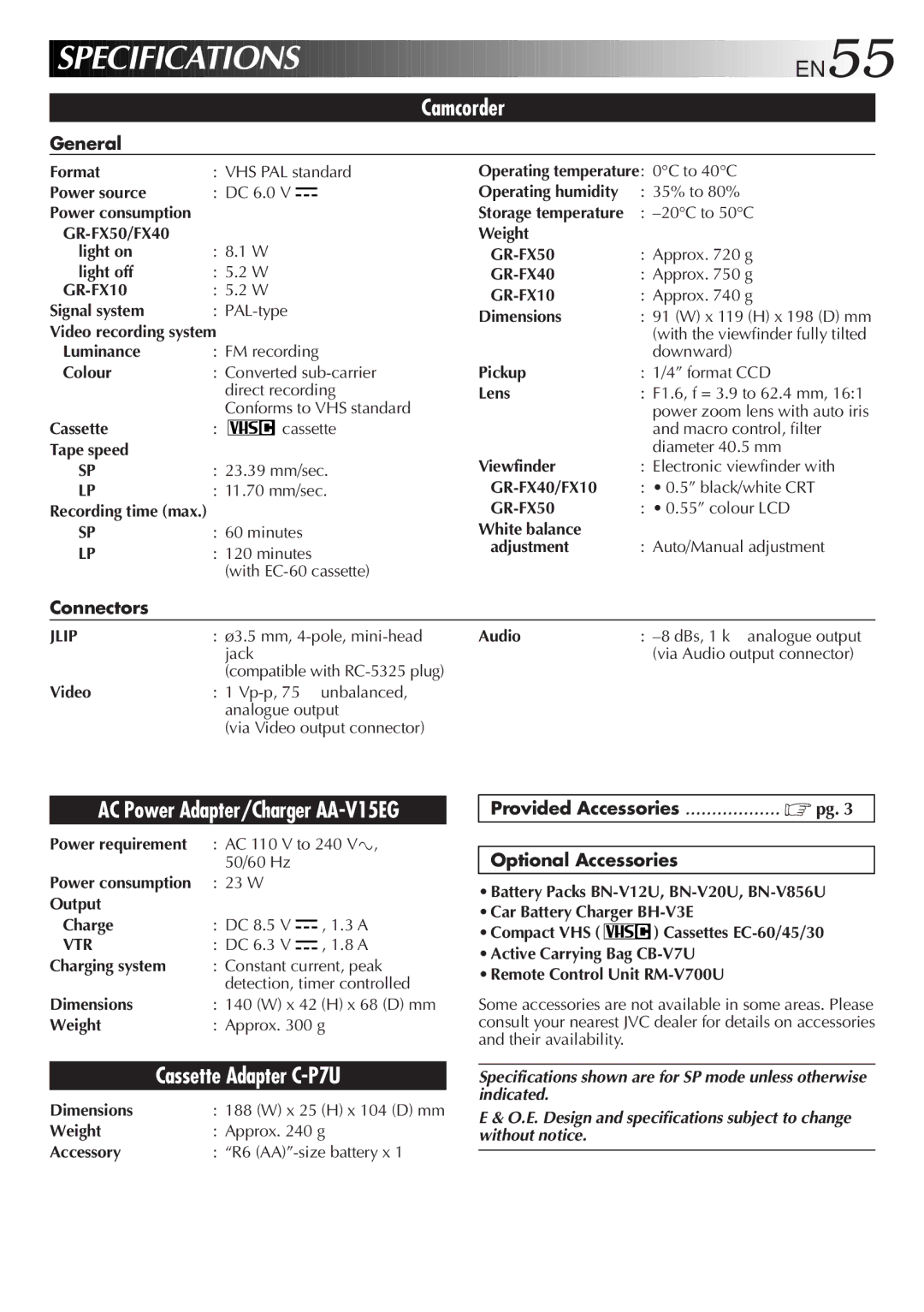 JVC GR-FX50 manual General, Connectors, Provided Accessories Optional Accessories 