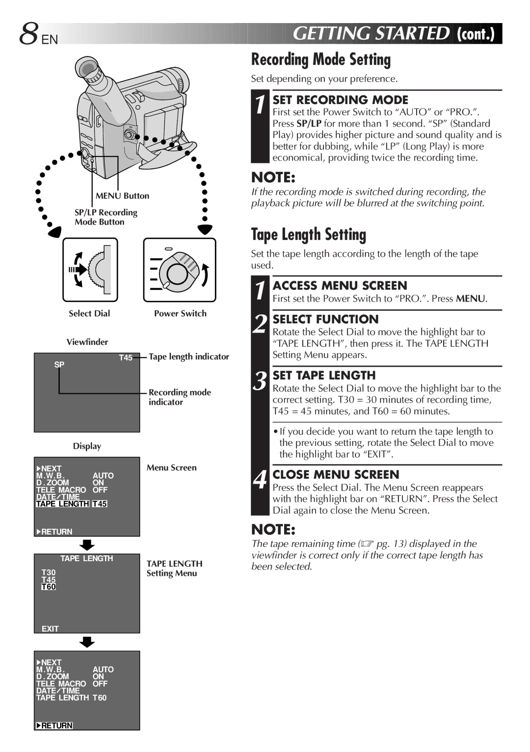 JVC GR-FX50 manual Recording Mode Setting, Cont, Tape Length Setting, SET Recording Mode, SET Tape Length 