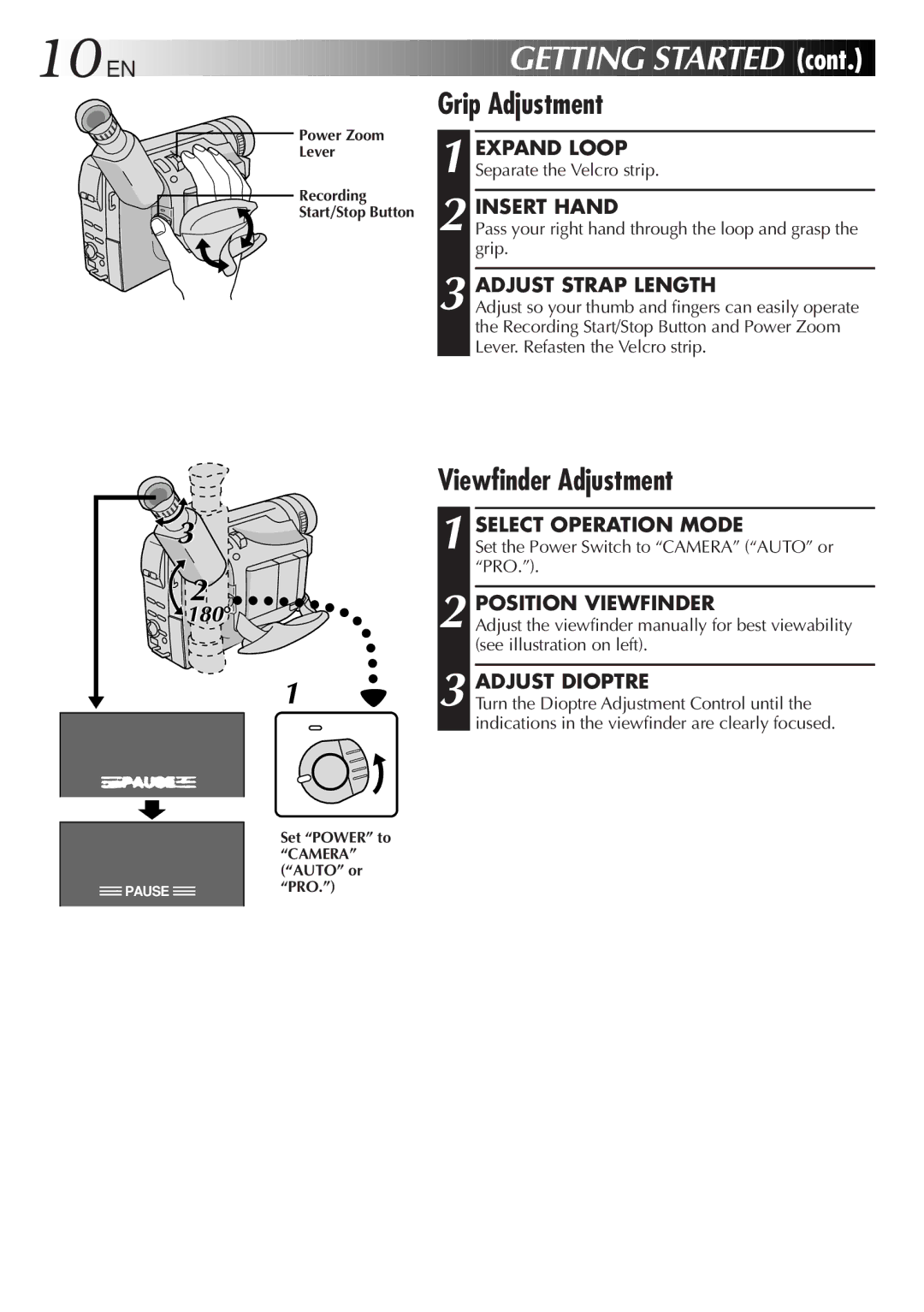 JVC GR-FX305, GR-FX505, GR-FX405 manual 10 EN, Grip Adjustment, Viewfinder Adjustment 