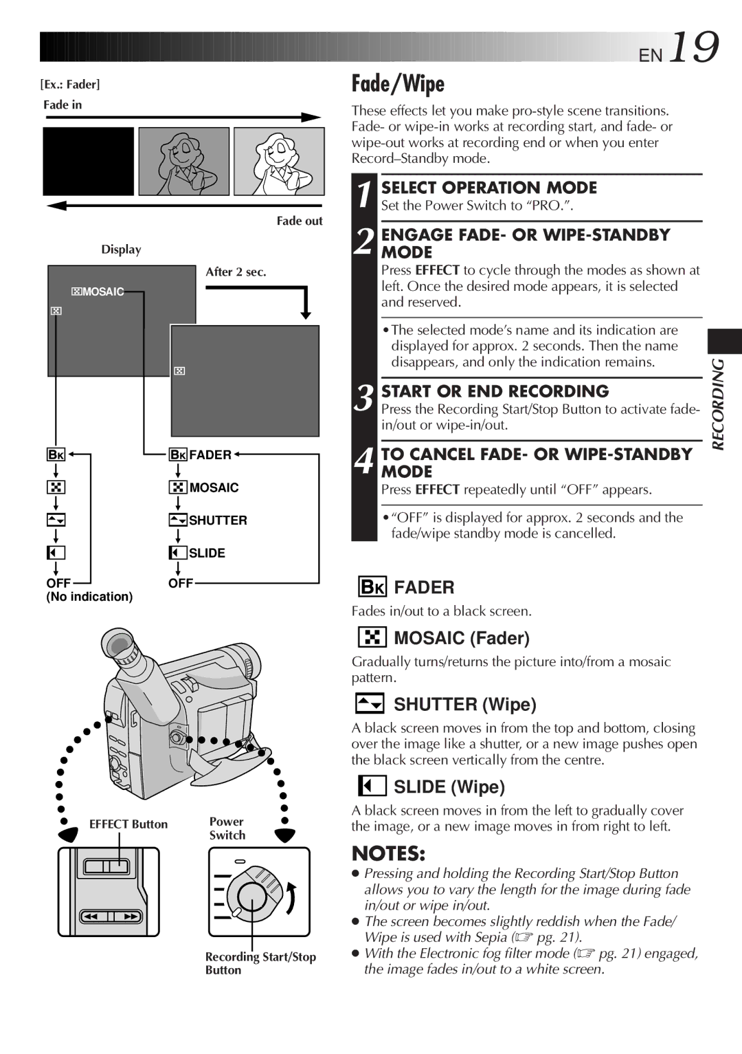 JVC GR-FX305, GR-FX505, GR-FX405 manual Fade/Wipe, Start or END Recording 