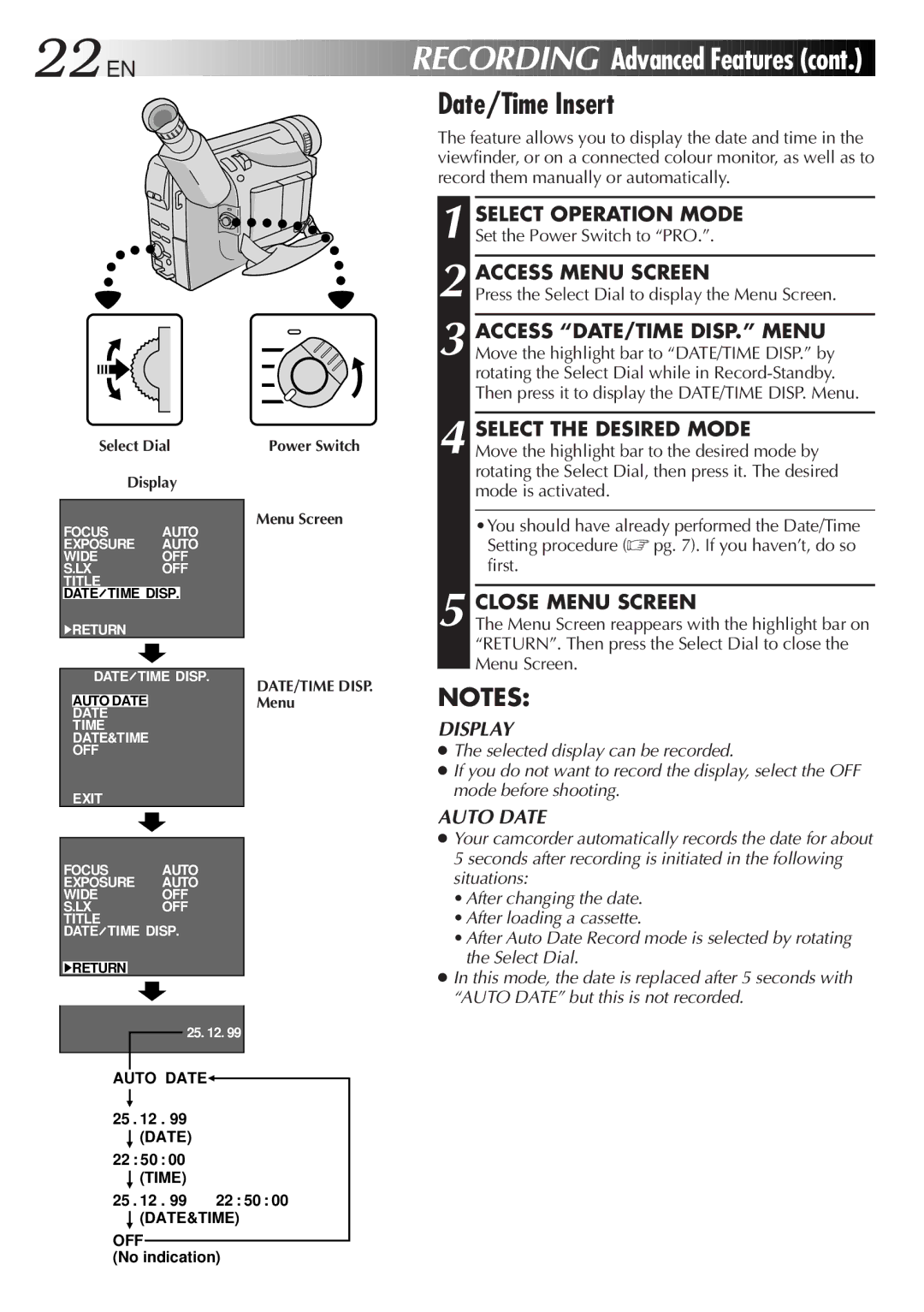 JVC GR-FX305, GR-FX505, GR-FX405 manual 22 EN, Date/Time Insert, Access DATE/TIME DISP. Menu, Set the Power Switch to PRO 