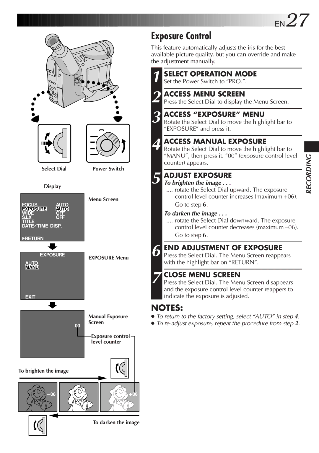 JVC GR-FX505 Exposure Control, Access Exposure Menu, Access Manual Exposure, Adjust Exposure, END Adjustment of Exposure 