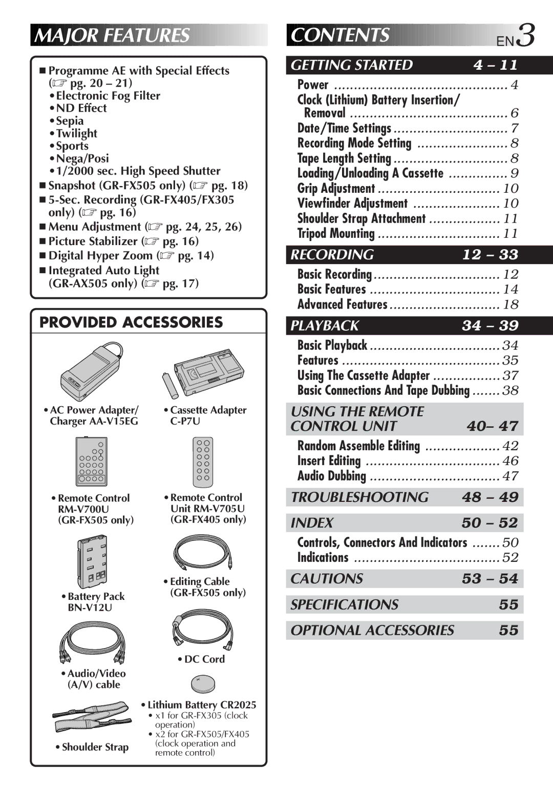 JVC GR-FX505, GR-FX305, GR-FX405 manual Contents 