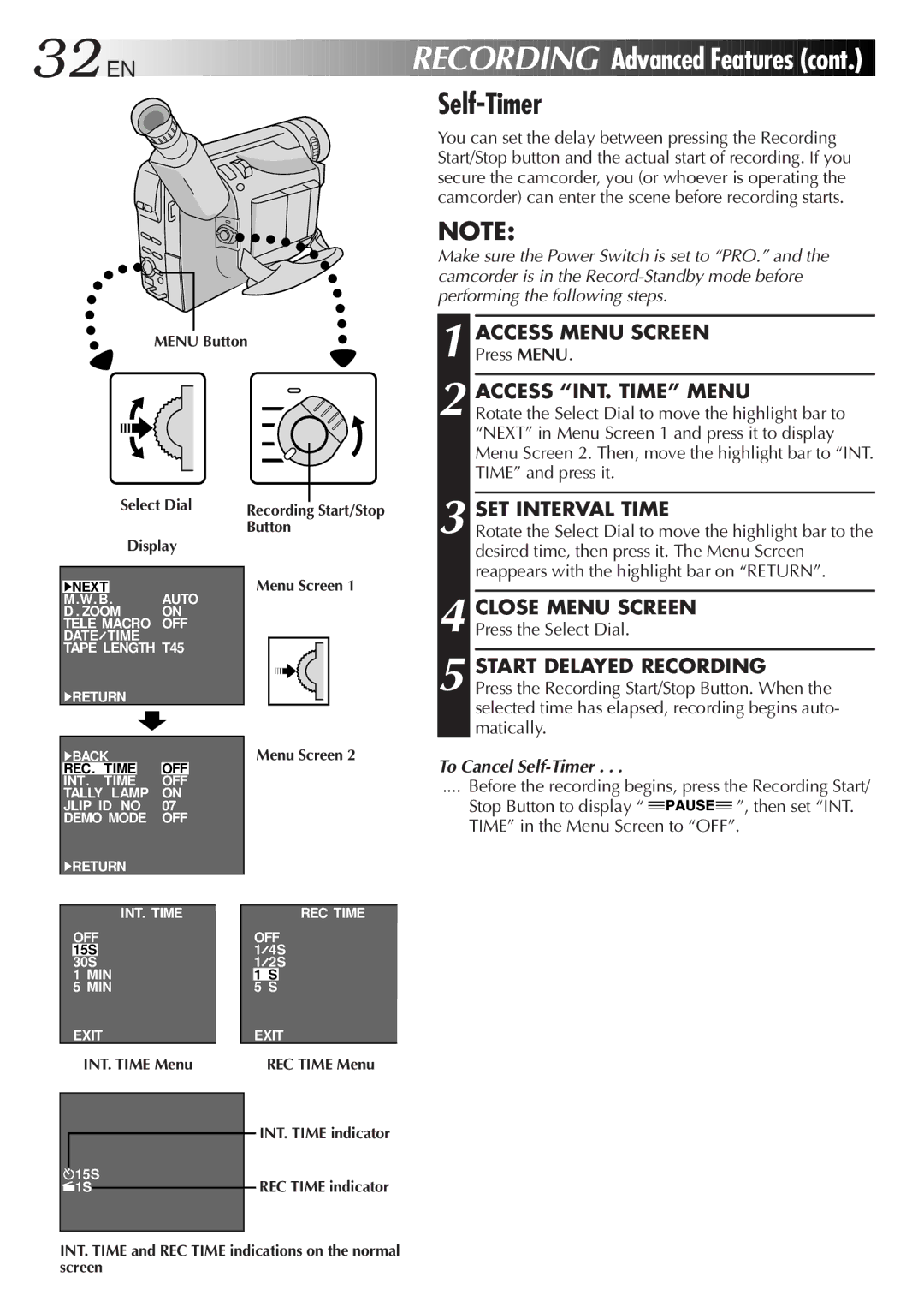 JVC GR-FX405, GR-FX505, GR-FX305 manual 32 EN, Self-Timer, Access INT. Time Menu, SET Interval Time, Start Delayed Recording 