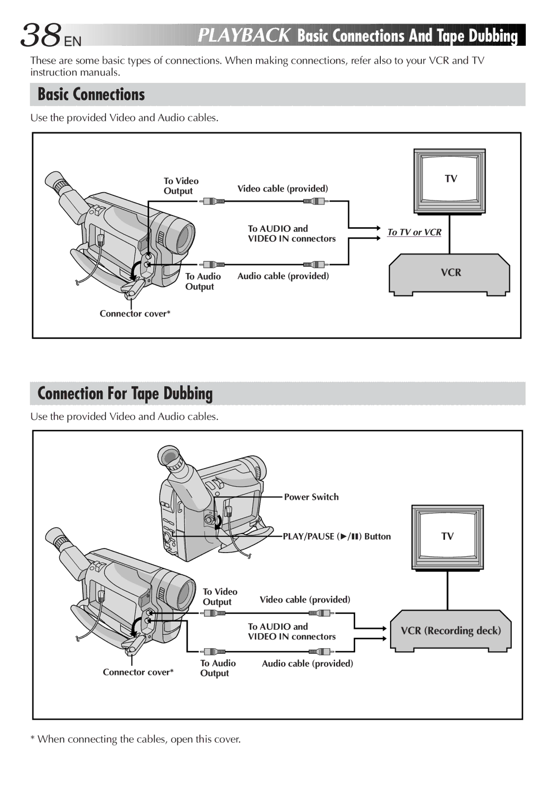 JVC GR-FX405, GR-FX505, GR-FX305 manual 38 EN, Basic Connections And Tape Dubbing, Connection For Tape Dubbing 