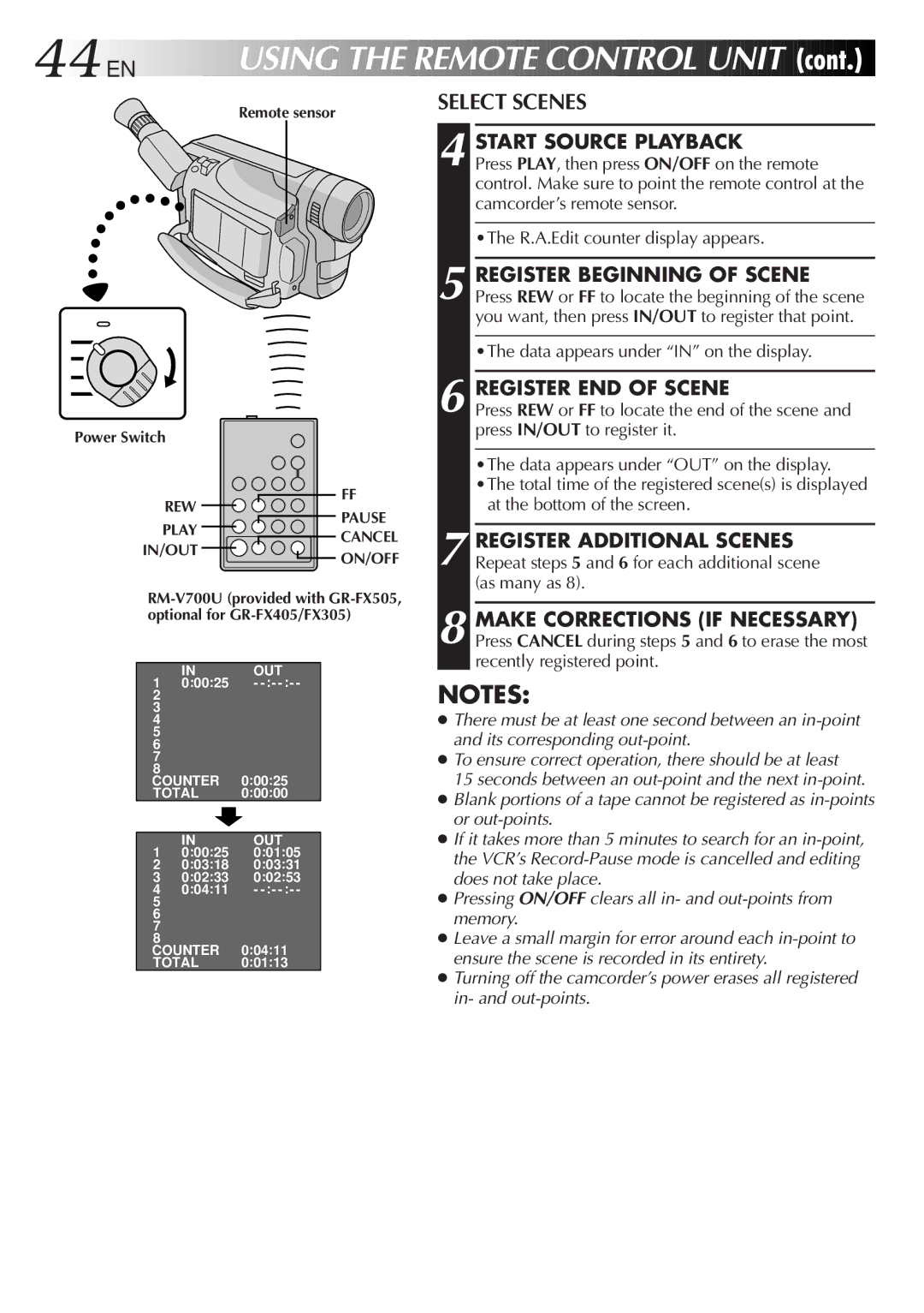 JVC GR-FX405, GR-FX505 manual 44 EN, Select Scenes, Start Source Playback, Register END of Scene, Remote sensor Power Switch 