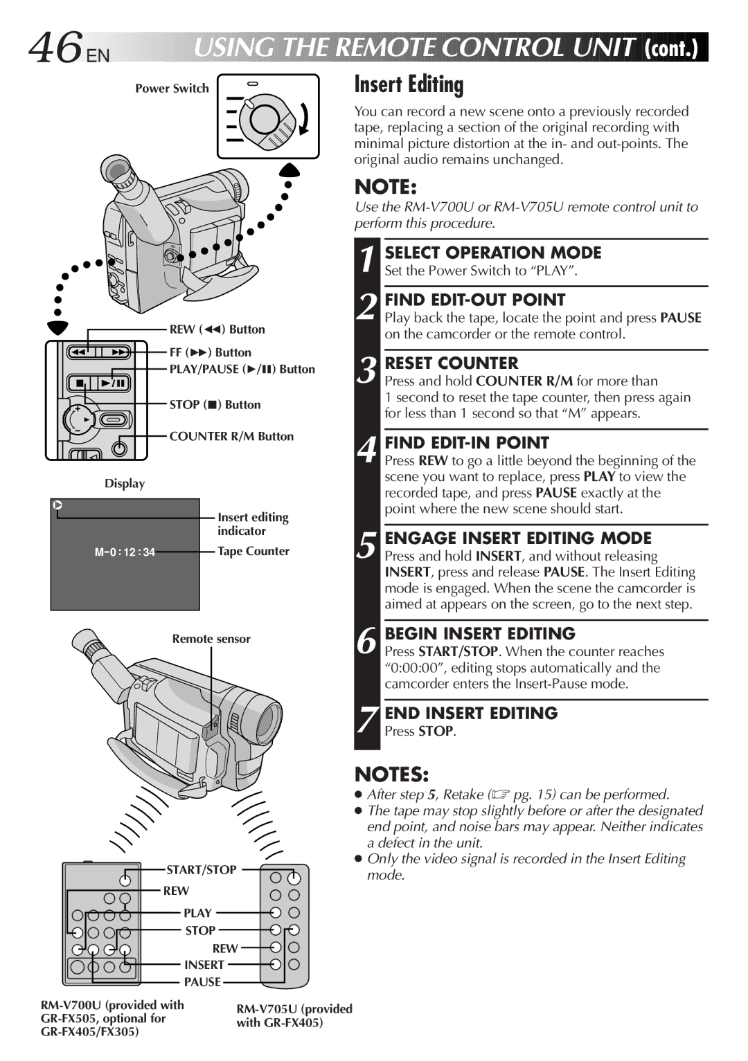 JVC GR-FX305, GR-FX505, GR-FX405 manual 46 EN, Insert Editing 