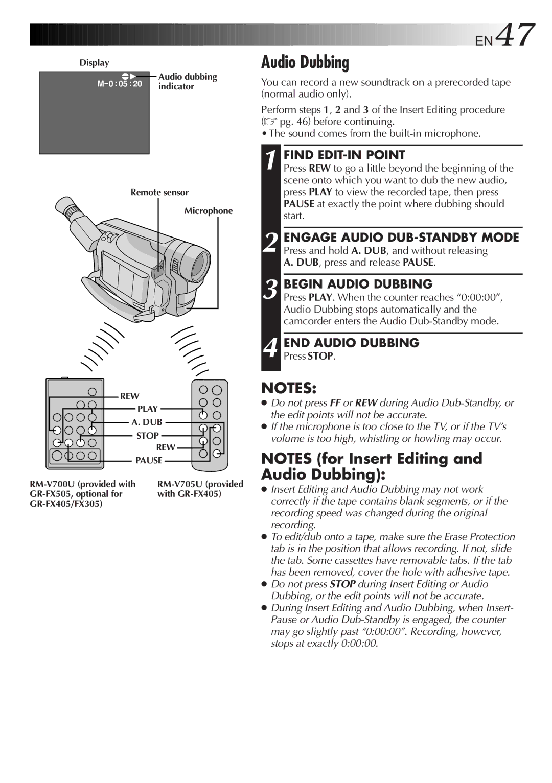 JVC GR-FX405, GR-FX505, GR-FX305 manual Begin Audio Dubbing, END Audio Dubbing, Remote sensor Microphone 