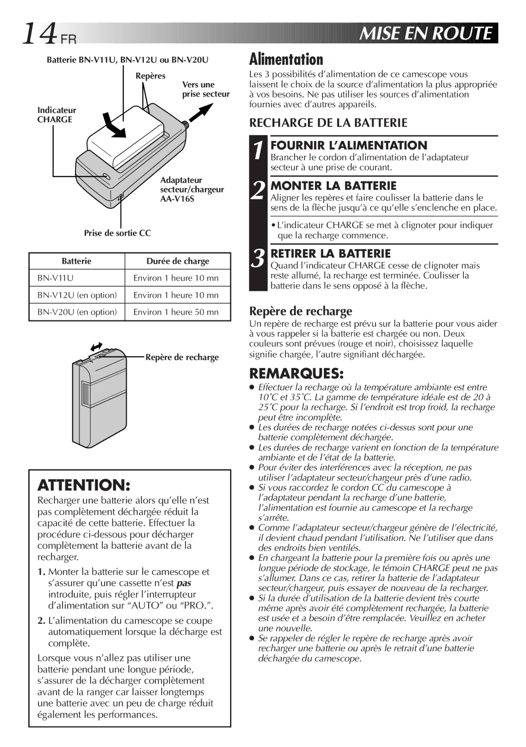 JVC GR-FXM106S manual 14 FR, Alimentation, Recharge DE LA Batterie, Repère de recharge 