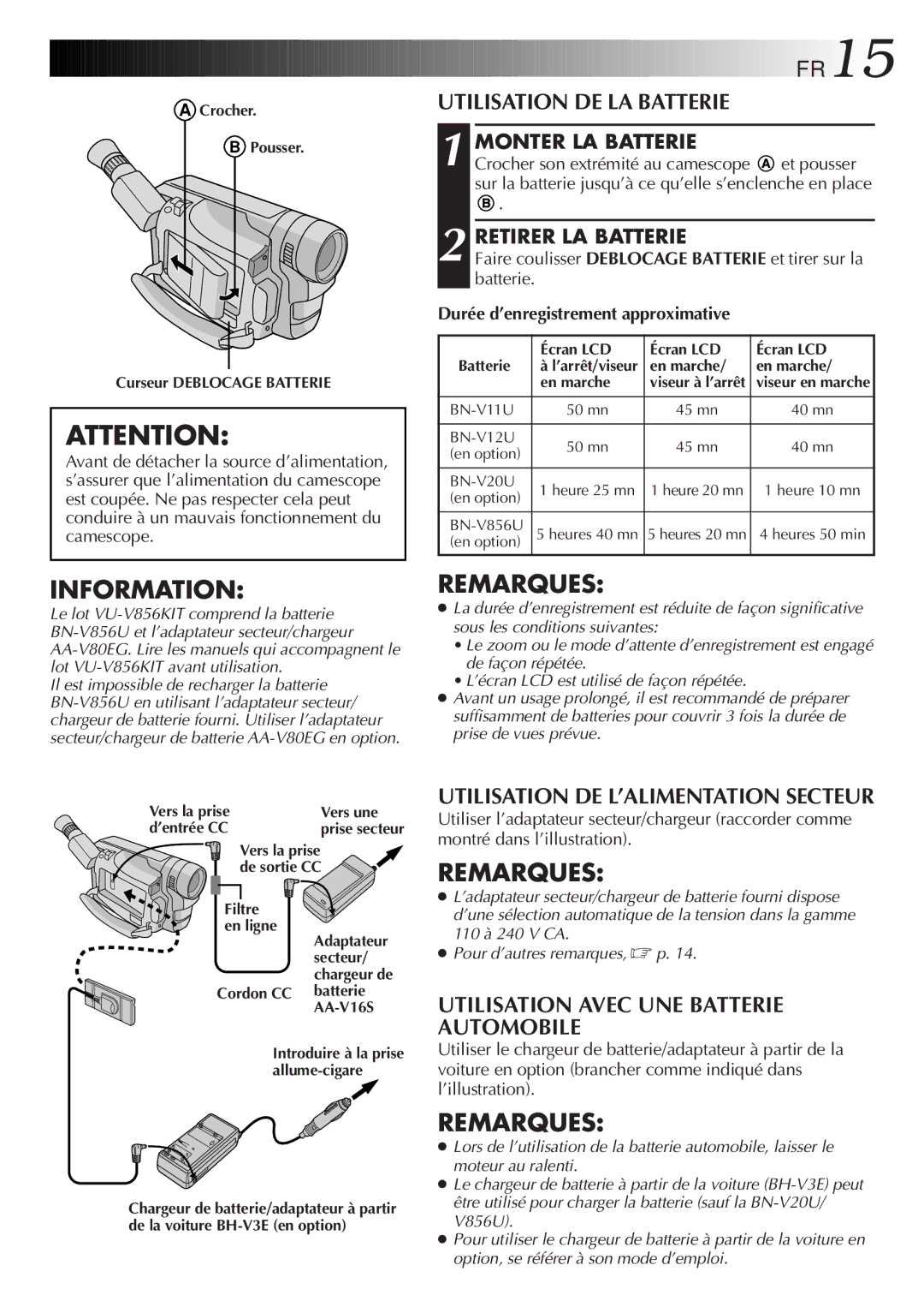 JVC GR-FXM106S manual FR15, Utilisation DE LA Batterie, Utilisation DE L’ALIMENTATION Secteur 