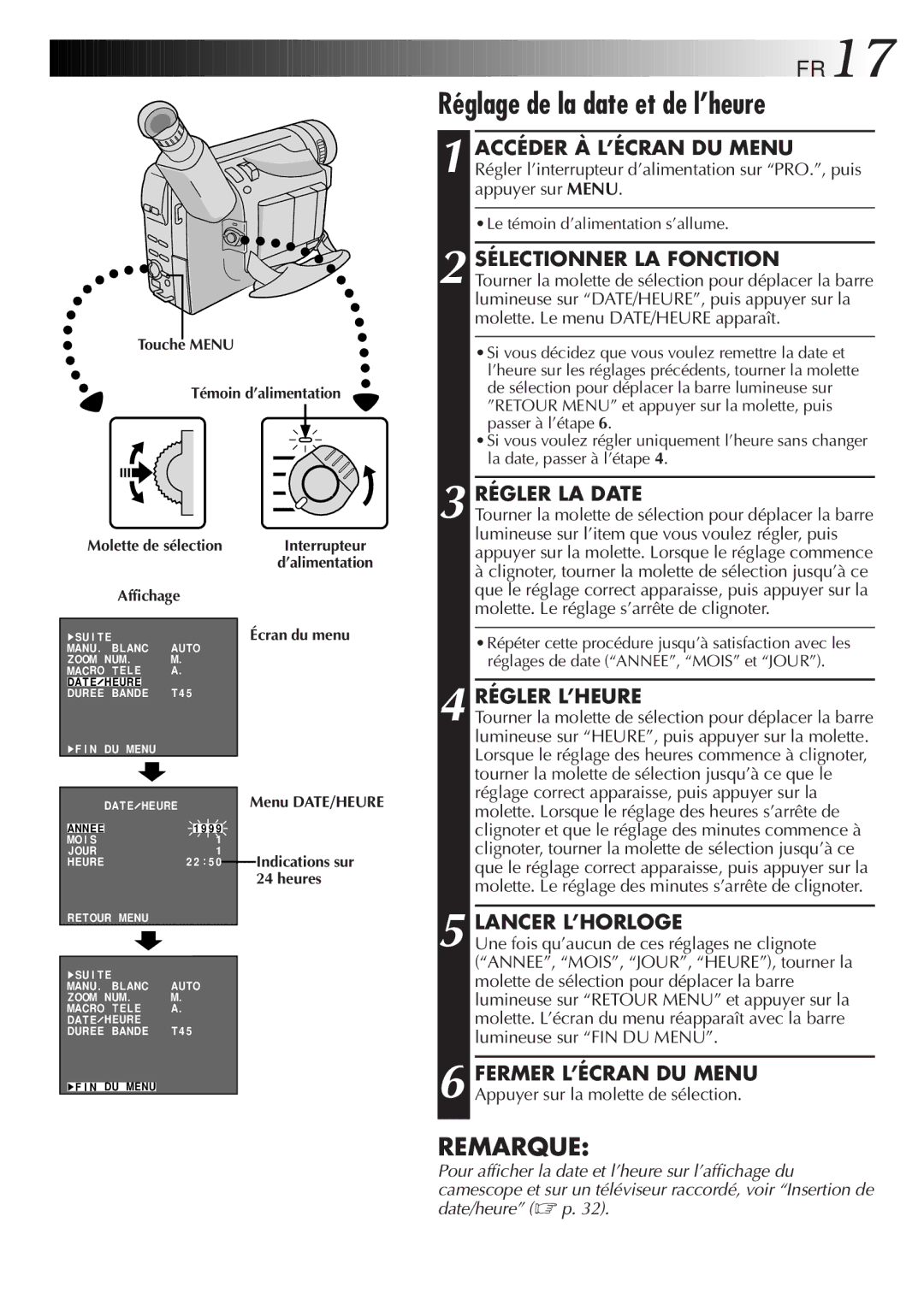 JVC GR-FXM106S manual Réglage de la date et de l’heure, FR17 