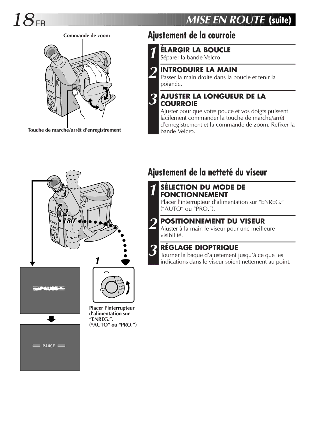 JVC GR-FXM106S manual 18 FR, Ajustement de la courroie, Ajustement de la netteté du viseur 