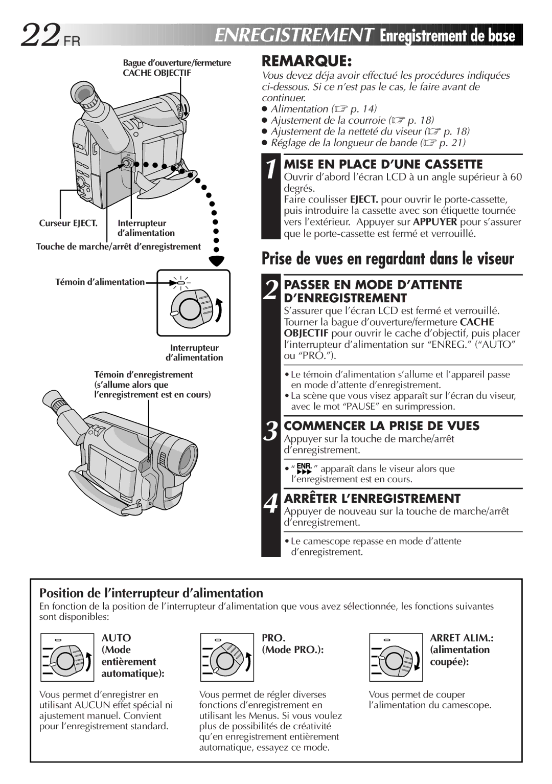 JVC GR-FXM106S manual 22 FR, Enregistrement Enregistrement de base, Prise de vues en regardant dans le viseur 