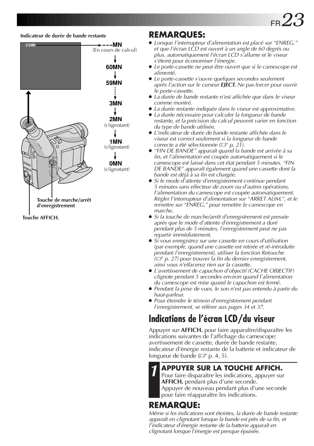 JVC GR-FXM106S manual Indications de l’écran LCD/du viseur, FR23 